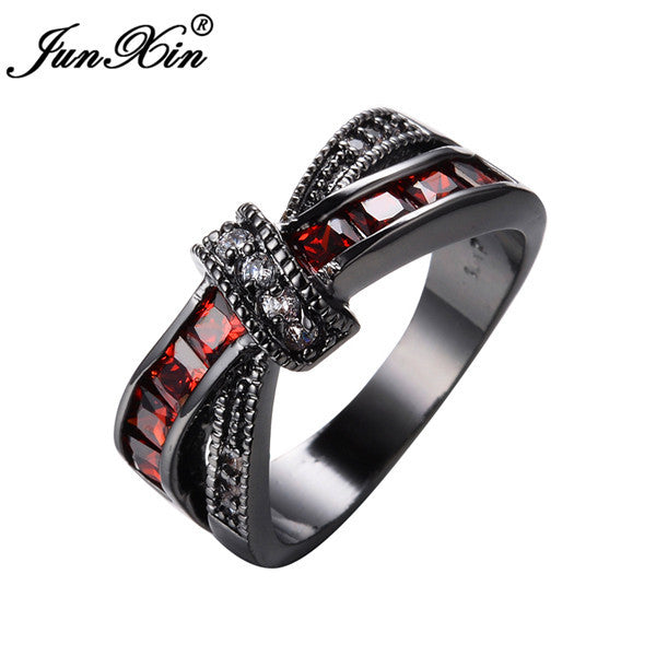 JUNXIN Mystery Red Cross Ring Fashion White & Black Gold Filled Jewelry Vintage Wedding Rings For Women Birthday Stone Gifts