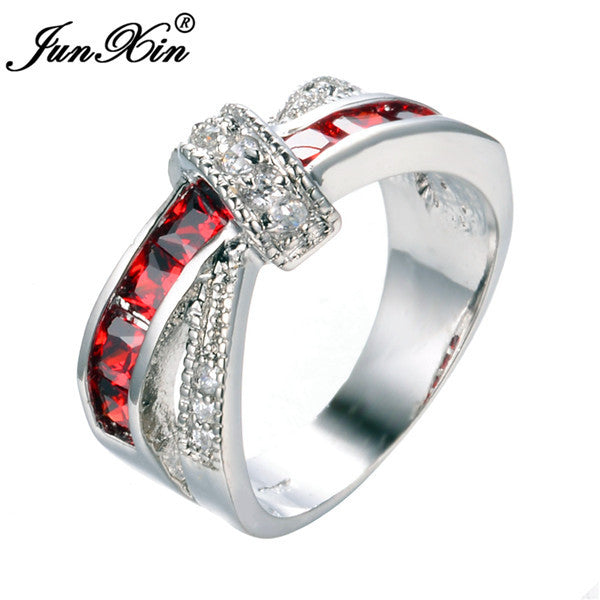 JUNXIN Mystery Red Cross Ring Fashion White & Black Gold Filled Jewelry Vintage Wedding Rings For Women Birthday Stone Gifts
