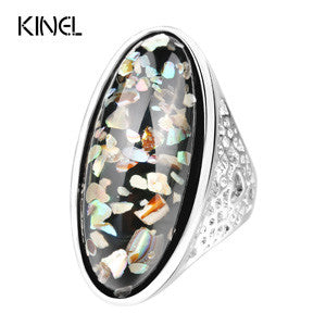 Luxury 7 Color Shells Ring For Women Dazzle Artificial Coral Accessories Silver Plated Vintage Oval Big Rings