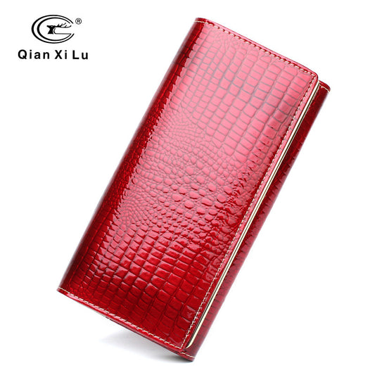 Qianxilu Brand Fashion Alligator Womens Wallets and Purses Patent Genuine Leather,Ladies Leather wallets