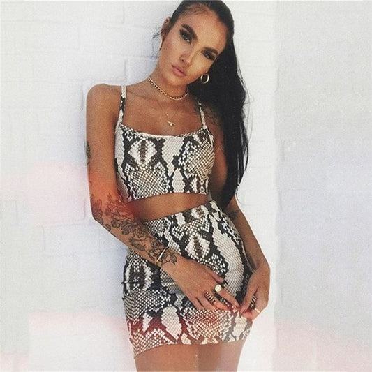 Fashion Ladies Snake Print Two Piece Set Streetwear Women Summer Sleeveless Bandage Crop Top Skirt set Party Club 2 piece set