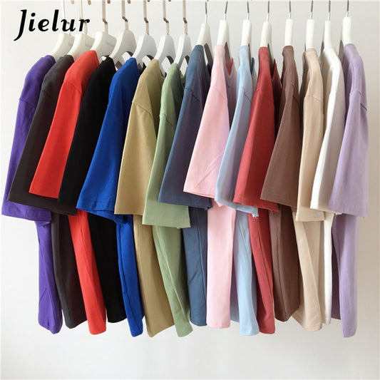 Jielur Tee Shirt 15 Solid Color Basic T Shirt Women Casual O-neck Harajuku Summer Top Korean Hipster White Tshirt S-XL Dropship