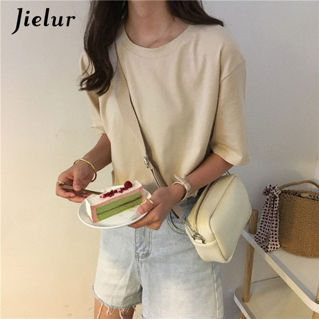 Jielur Tee Shirt 15 Solid Color Basic T Shirt Women Casual O-neck Harajuku Summer Top Korean Hipster White Tshirt S-XL Dropship