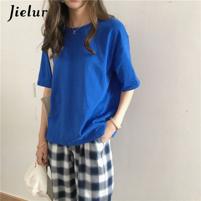 Jielur Tee Shirt 15 Solid Color Basic T Shirt Women Casual O-neck Harajuku Summer Top Korean Hipster White Tshirt S-XL Dropship