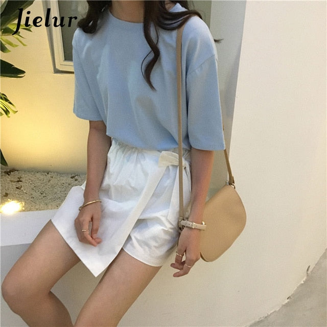 Jielur Tee Shirt 15 Solid Color Basic T Shirt Women Casual O-neck Harajuku Summer Top Korean Hipster White Tshirt S-XL Dropship