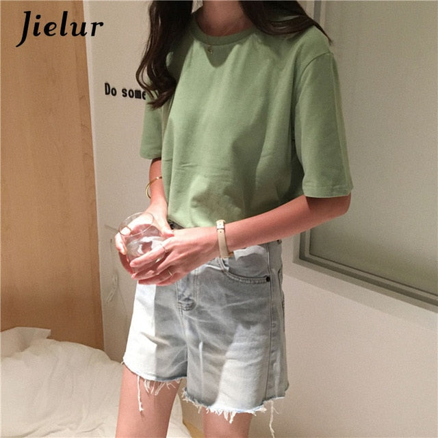 Jielur Tee Shirt 15 Solid Color Basic T Shirt Women Casual O-neck Harajuku Summer Top Korean Hipster White Tshirt S-XL Dropship