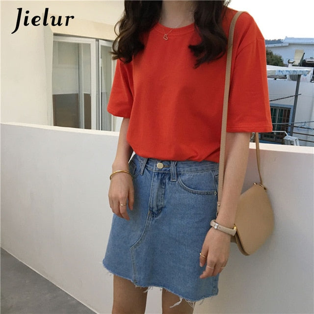 Jielur Tee Shirt 15 Solid Color Basic T Shirt Women Casual O-neck Harajuku Summer Top Korean Hipster White Tshirt S-XL Dropship