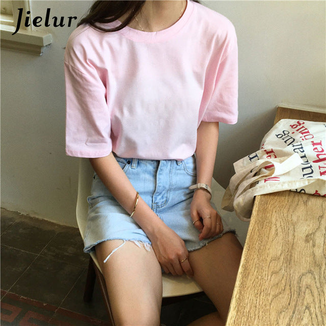 Jielur Tee Shirt 15 Solid Color Basic T Shirt Women Casual O-neck Harajuku Summer Top Korean Hipster White Tshirt S-XL Dropship