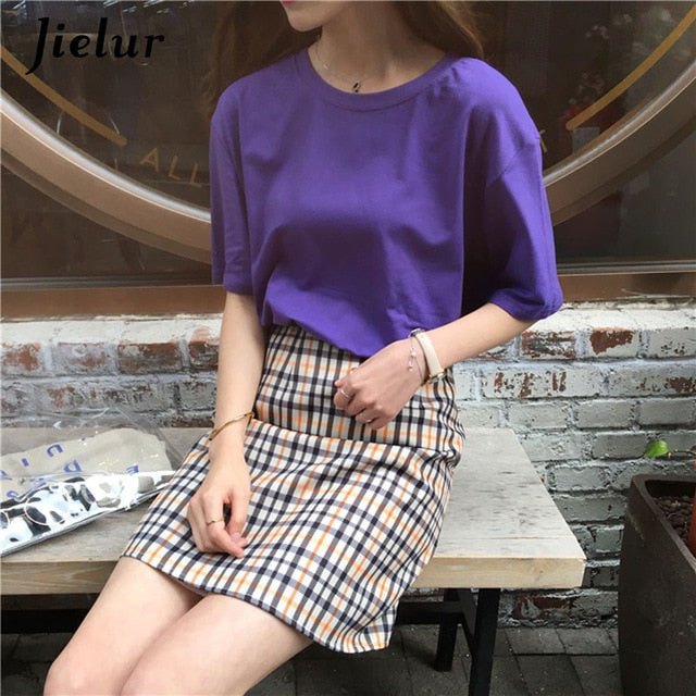 Jielur Tee Shirt 15 Solid Color Basic T Shirt Women Casual O-neck Harajuku Summer Top Korean Hipster White Tshirt S-XL Dropship