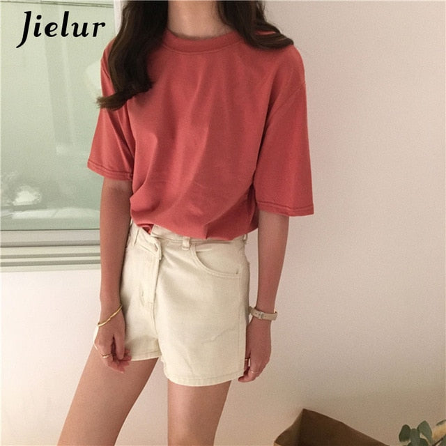 Jielur Tee Shirt 15 Solid Color Basic T Shirt Women Casual O-neck Harajuku Summer Top Korean Hipster White Tshirt S-XL Dropship