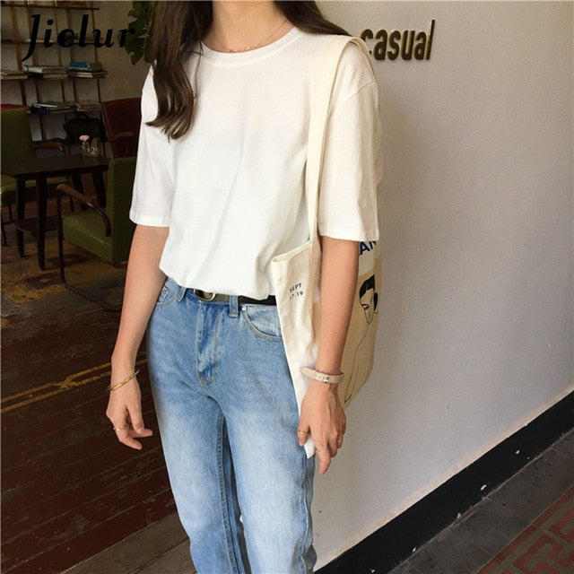 Jielur Tee Shirt 15 Solid Color Basic T Shirt Women Casual O-neck Harajuku Summer Top Korean Hipster White Tshirt S-XL Dropship