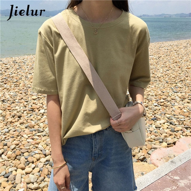 Jielur Tee Shirt 15 Solid Color Basic T Shirt Women Casual O-neck Harajuku Summer Top Korean Hipster White Tshirt S-XL Dropship