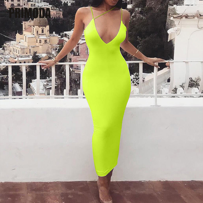 Neon New Sexy Lady Night Club Dress Midi Summer Women Elegant Party Fluorescent Backless Spaghetti Strap Bodycon Dress PR272G