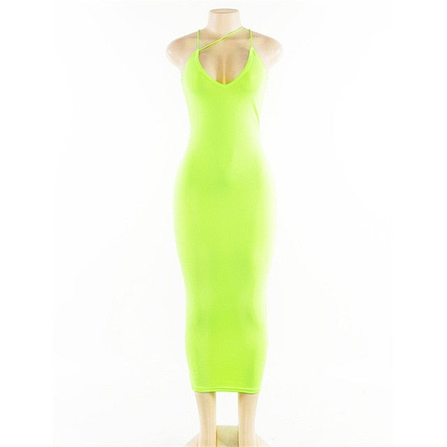 Neon New Sexy Lady Night Club Dress Midi Summer Women Elegant Party Fluorescent Backless Spaghetti Strap Bodycon Dress PR272G