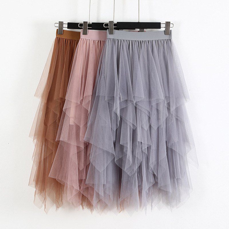 Fashion  2019 Spring Party Skirt Elastic High Waist Long Tulle Skirt Women Irregular Hem Mesh Tutu Skirt Ladies