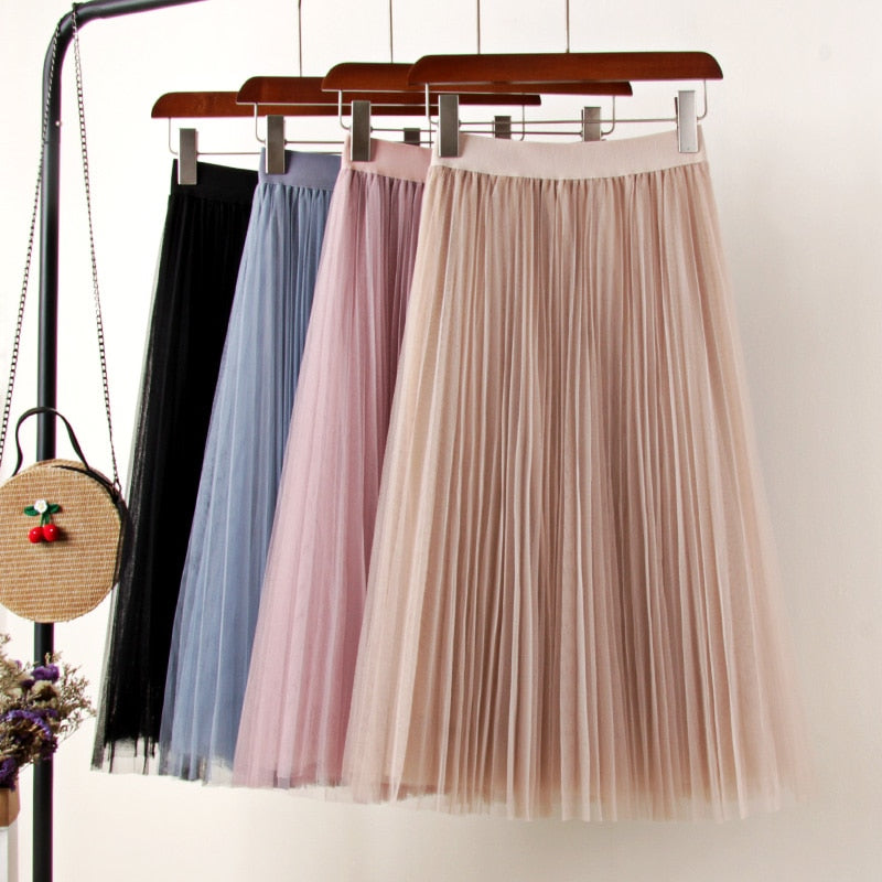 Tulle Skirts Womens Midi Pleated Skirt Black Pink Tulle Skirt Women 2019 Spring Summer Korean Elastic High Waist Mesh Tutu Skirt