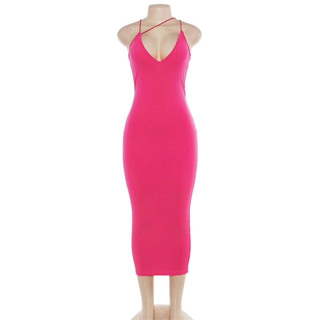 Neon New Sexy Lady Night Club Dress Midi Summer Women Elegant Party Fluorescent Backless Spaghetti Strap Bodycon Dress PR272G