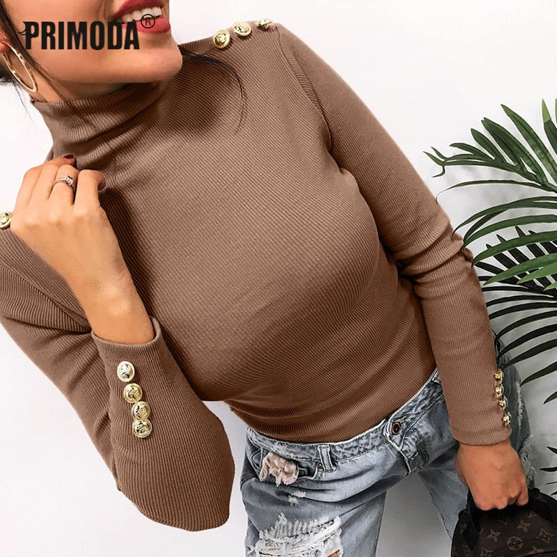 Button Sleeve Knitted Sweater Solid Pullovers Causal Thin 2019 Women Turtleneck Office Lady Sweaters Knitting Female Knit Tops