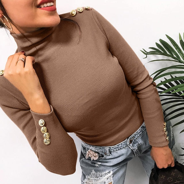 Button Sleeve Knitted Sweater Solid Pullovers Causal Thin 2019 Women Turtleneck Office Lady Sweaters Knitting Female Knit Tops