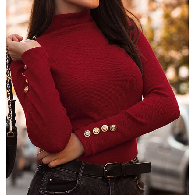 Button Sleeve Knitted Sweater Solid Pullovers Causal Thin 2019 Women Turtleneck Office Lady Sweaters Knitting Female Knit Tops