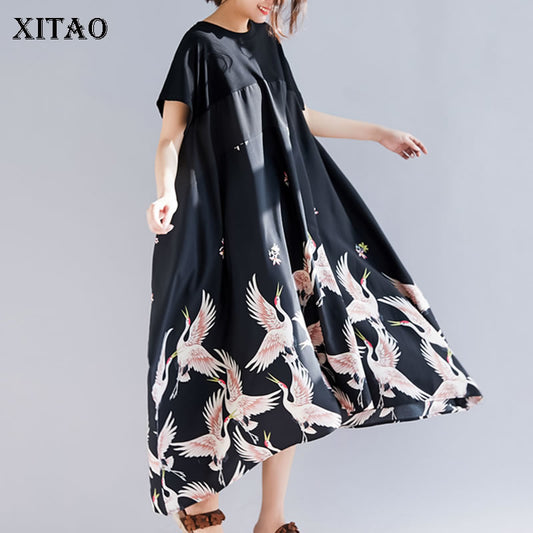 XITAO Splice Crane Print Women Midi Dress Summer O Neck Plus Size National Style Casual Women Fashion Loose Clothing DLL2357