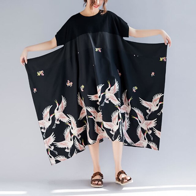 XITAO Splice Crane Print Women Midi Dress Summer O Neck Plus Size National Style Casual Women Fashion Loose Clothing DLL2357