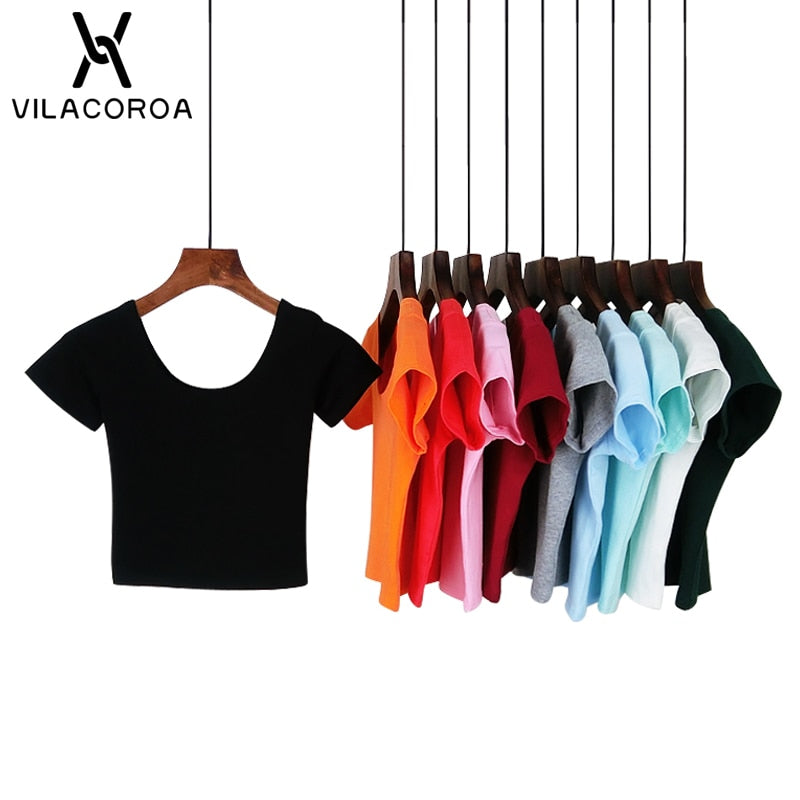 VILACOROA Best Sell Harajuku U Neck T-shirt Women Sexy Red Crop Top Short Sleeve T Shirt Tee Top Stretch T-shirts chemise femme