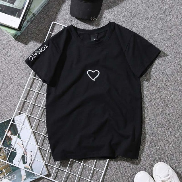 2019 Summer Couples Lovers T-Shirt for Women Casual White Tops Tshirt Women T Shirt Love Heart Embroidery Print T-Shirt Female