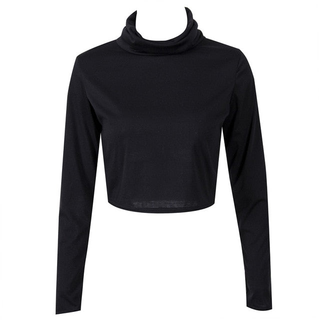 2017 Wholesale Price Cropped Turtleneck Sexy Long Sleeve Club Fashion European Style Mini Short T Shirt Tee Crop Top Fashion