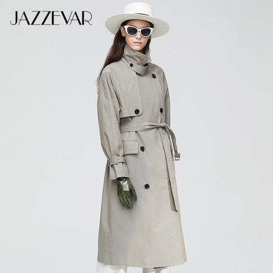 JAZZEVAR2019 New arrival autumn trench coat women top khaki color long cotton outwear loose clothing with belt fashion coat 9019