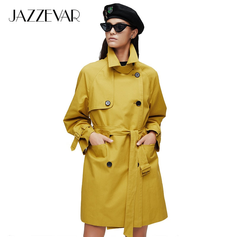 JAZZEVAR 2019 New arrival autumn trench coat women top yellow long cotton outwear loose clothing with belt new fashion coat 9027