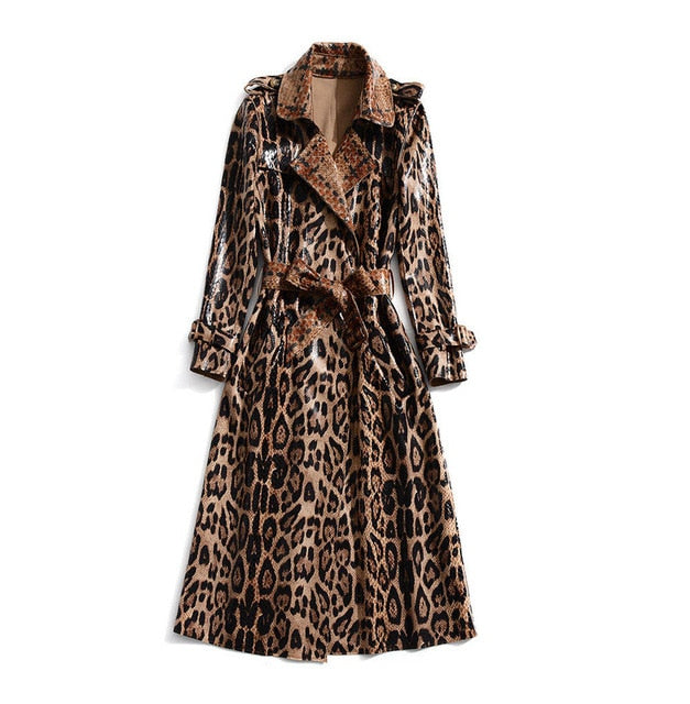 Qian Han Zi 2019 Women's Casual Leopard trench coat oversize Vintage Snake patent leather Washed Outwear Belt slim Clothing