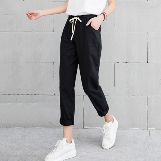 Summer Harem linen Pants Women fashion Elastic Mid Waist Black Trousers 2019 Pantalon Femme Office Lady Casual Pencil Pants