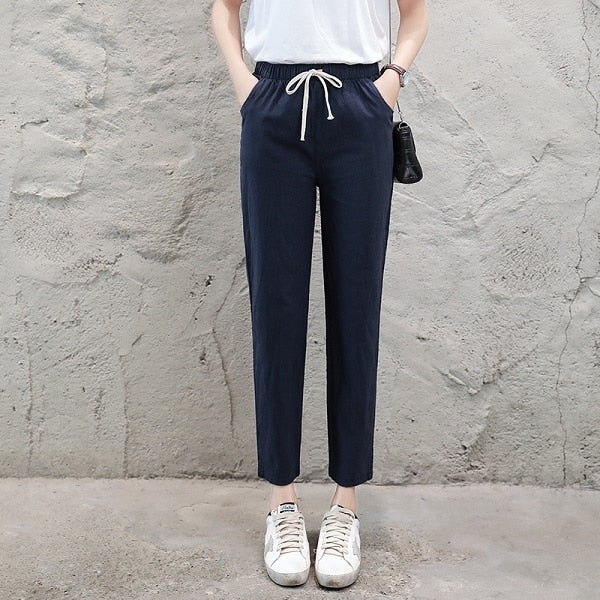 Summer Harem linen Pants Women fashion Elastic Mid Waist Black Trousers 2019 Pantalon Femme Office Lady Casual Pencil Pants