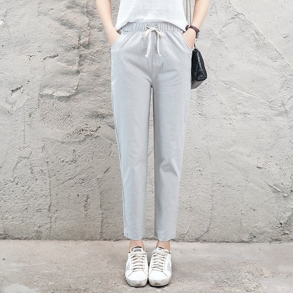 Summer Harem linen Pants Women fashion Elastic Mid Waist Black Trousers 2019 Pantalon Femme Office Lady Casual Pencil Pants