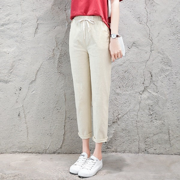 Summer Harem linen Pants Women fashion Elastic Mid Waist Black Trousers 2019 Pantalon Femme Office Lady Casual Pencil Pants