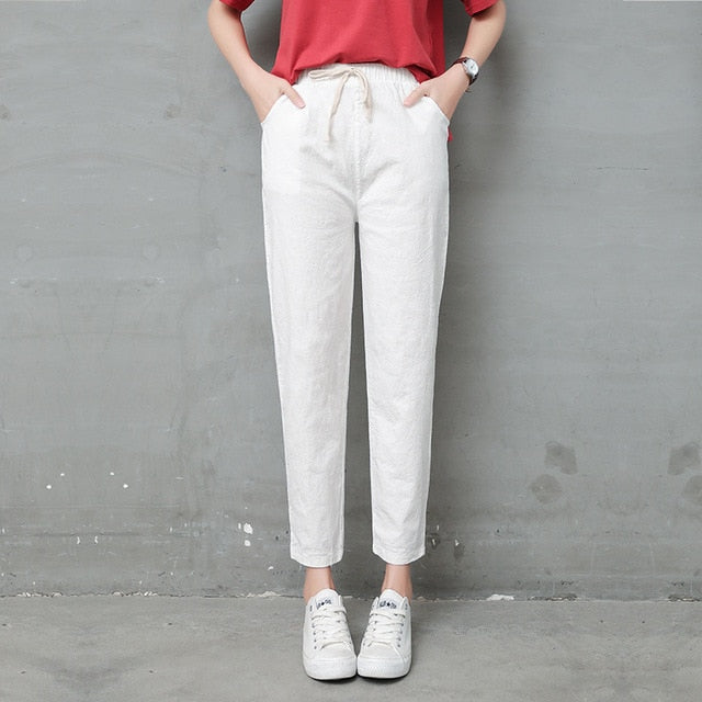 Summer Harem linen Pants Women fashion Elastic Mid Waist Black Trousers 2019 Pantalon Femme Office Lady Casual Pencil Pants