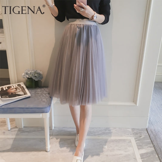 TIGENA Midi Pleated Tulle Skirt Women 2019 Summer A-line High Waist Knee Length Tutu Skirt Female School Sun tiulowa spodnica