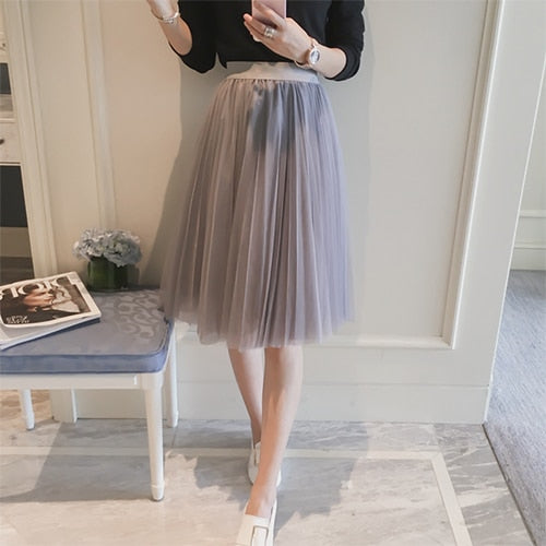 TIGENA Midi Pleated Tulle Skirt Women 2019 Summer A-line High Waist Knee Length Tutu Skirt Female School Sun tiulowa spodnica