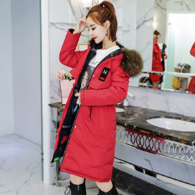 Winter Down Jacket Women's Long Cotton clothing 2019 Fashion Zipper Double-Sided Wear Letter Woman Hooded Fur Collar Plus Size