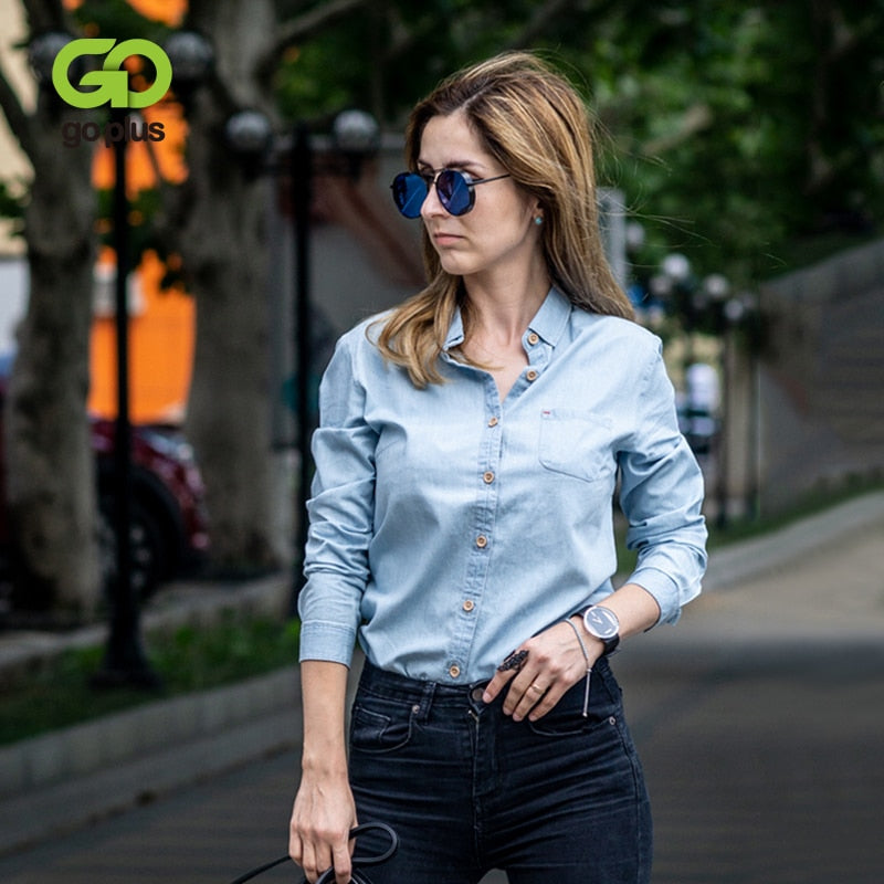 GOPLUS Women's Shirt Blue Blouse Clothing for Women Tops 2019 Turn Down Collar Denim Blouses Cotton Shirts Haut Chemise Femme