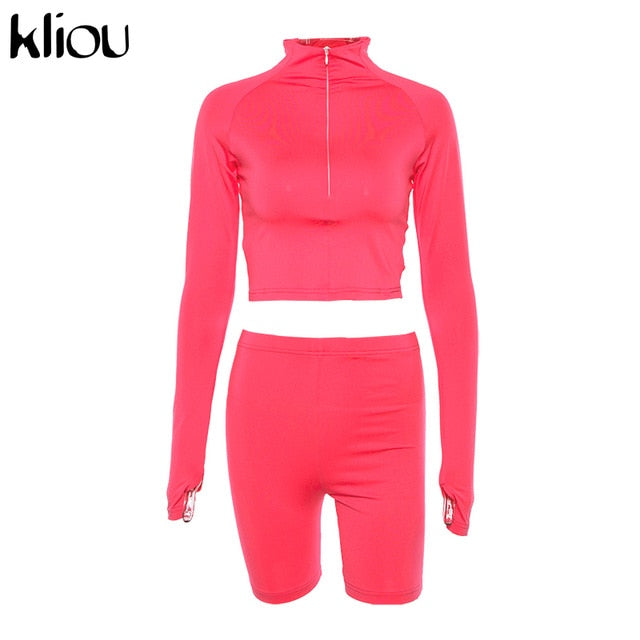 Kliou New Female Fluorescence Fitness Two Pieces Sets 2019 Autumn Full Sleeve Zipper Turtleneck Tops And High Waist Shorts Suits