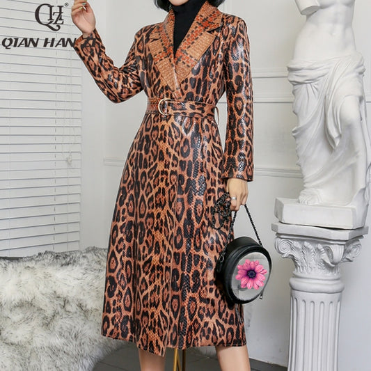 Qian Han Zi 2019 Women's Casual Leopard trench coat oversize Vintage Snake patent leather Washed Outwear Belt slim Clothing