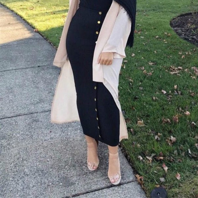 2019 Winter Autumn Skirts High Waist Muslim Buttons Bodycon Sheath Long Skirt Women Solid Femme Pencil Skirts Streetwear