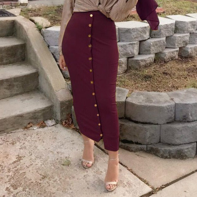 2019 Winter Autumn Skirts High Waist Muslim Buttons Bodycon Sheath Long Skirt Women Solid Femme Pencil Skirts Streetwear