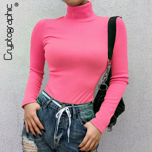 Cryptographic Ribbed long sleeve 2019 new fashion neon pink solid turtleneck casual t-shirts pullover women tops streetwear