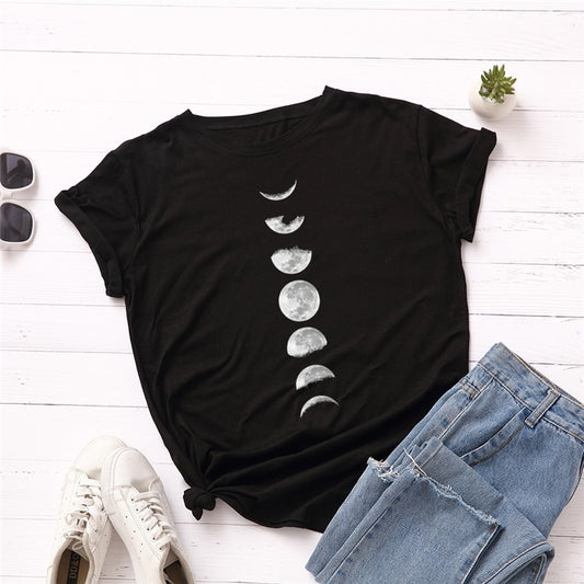 Plus Size S-5XL New Moon Planet Print T Shirt Women Shirts 100% Cotton O Neck Short Sleeve Summer T-Shirt Tops Casual Tshirt