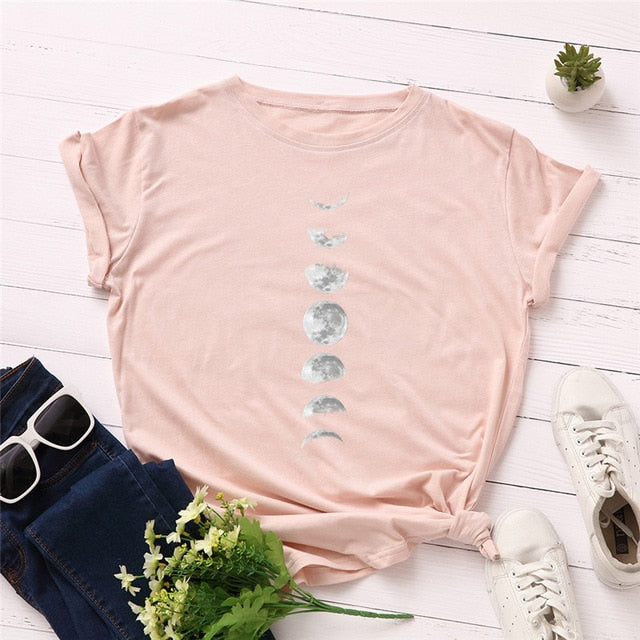 Plus Size S-5XL New Moon Planet Print T Shirt Women Shirts 100% Cotton O Neck Short Sleeve Summer T-Shirt Tops Casual Tshirt