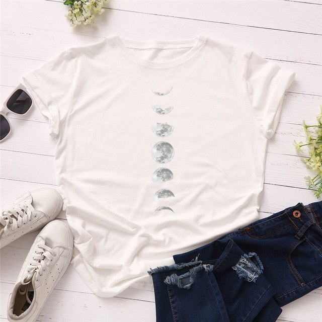 Plus Size S-5XL New Moon Planet Print T Shirt Women Shirts 100% Cotton O Neck Short Sleeve Summer T-Shirt Tops Casual Tshirt