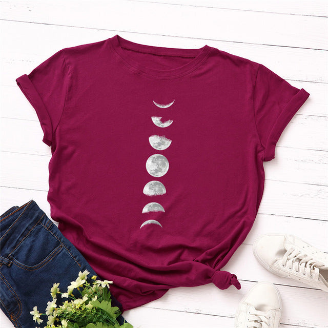 Plus Size S-5XL New Moon Planet Print T Shirt Women Shirts 100% Cotton O Neck Short Sleeve Summer T-Shirt Tops Casual Tshirt